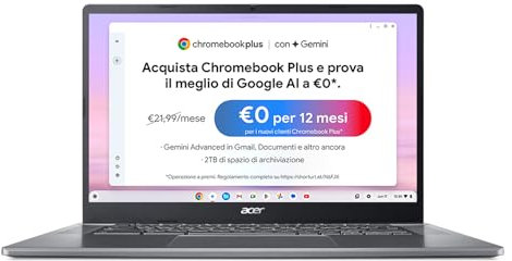 acer Chromebook Plus 515 CB515-2H-38J3, Notebook con IA Google, PC Portatile, Processore Intel Core i3-1215U, Ram 8 GB DDR5, 256 GB PCIe SSD, Display 15.6 FHD IPS, Scheda Grafica Intel UHD, ChromeOS