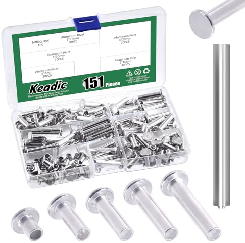 Keadic Assortiment de 151 rivets semi-tubulaires à tête plate M6 en aluminium M6 x 8/16/20/25/30 mm Argenté Pour cuir domestique industrie automobile
