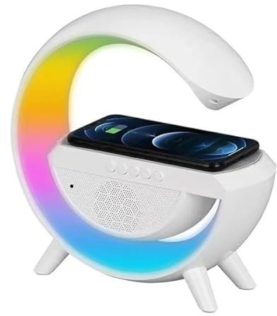 Eurowebbiz Lampe Caméra Espion WiFi 4K Chargeur Induction Enceinte Bluetooth Noir Moderne Multifonctionnelle pour Smartphone ou Tablette
