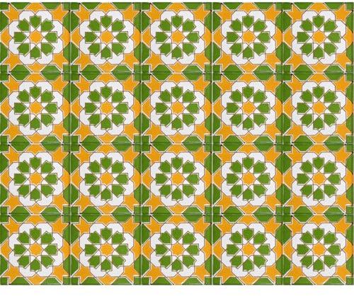 20 Mattonelle in Ceramica Smaltata - Stile Geometrico (Kira Verde Giallo) - 10x10 cm spessore 0,6 cm - Mattonelle Tunisine realizzate con Serigrafia Artigianale - Adatte a rivestimento