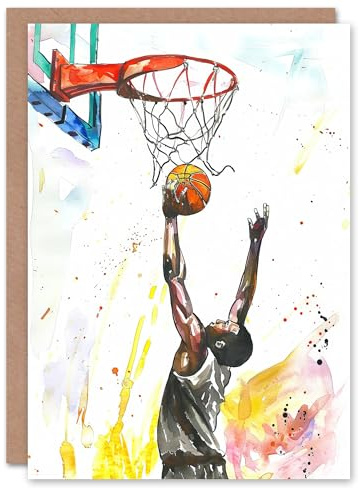 Artery8 Greeting Card Basketball Player Jump Hoop Sport Watercolour For Child Kids Birthday Card