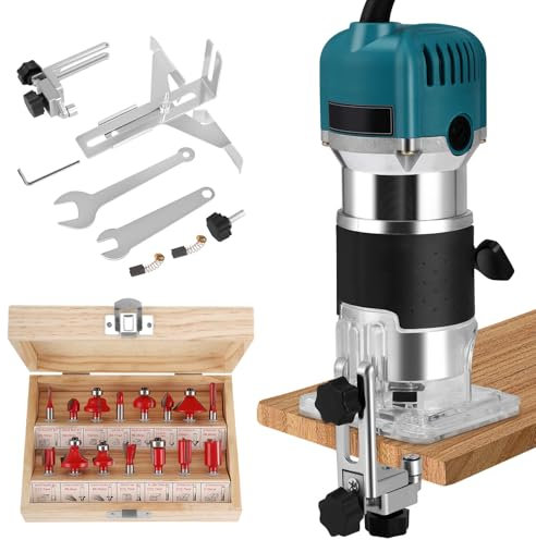 Palm Router Trimmer, 30000RPM Woodworking Hand Router with Trimmer Base & 15Pcs 1/4(6.35mm) Router Bits Set, Compact Wood Palm Router Tool with 6 Speed & Straight Guide for DIY Woodworking (01)