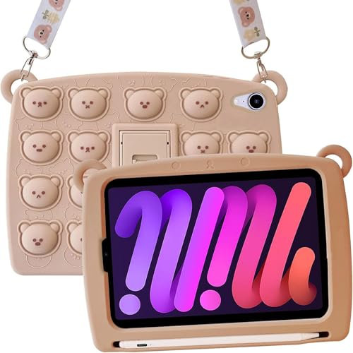 A-BEAUTY Custodia Bambini Compatibile con iPad mini (A17 Pro, 2024, 7a Generazione) / mini 6 (2021, 6a Generazione), Silicone Antiurto Cover con Portapenne, Tracolla, Orso Marrone