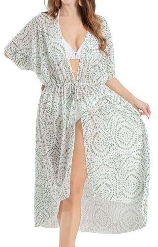 Plage Cache Maillot pour Femme Bikini Cover Up Long Kimono Cardigan Front Ouvert avec Cordon Bain Pois Verts L