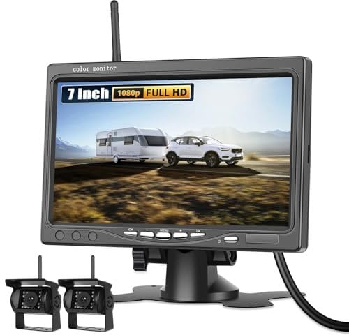 GOHHDL 1080P HD Kabelloses Rückfahrkamera Set, Stabile WiFi Wireless Rückfahrkamera, 7 Zoll HD Monitor mit 2 Rückfahrkameras, für Anhänger, Wohnmobil, LKW, Auto, Bus, IP68 Wasserdichtes, 12 V-36 V