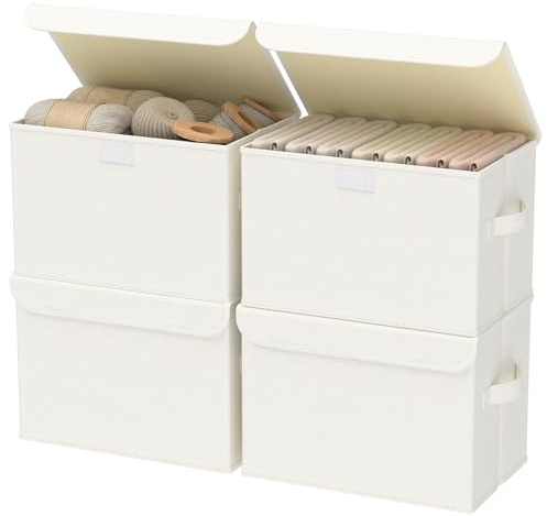 GUOHNHE Storage Bin with Lid, Closet Boxes, 4 Pack, Beige, 26x20x17 cm | Fabric Clothing Basket with Cover, Collapsible Stackable Organizer Cubes with 2 Handles, for Closets and Bathroom Vanities