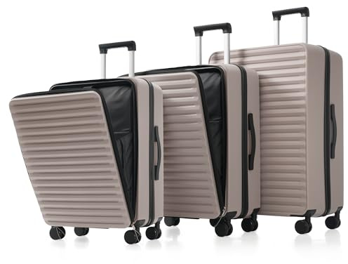 Merax Kofferset 3tlg, Hartschalenkofferset Reisekofferset, Erweiterbar Trolley Koffer mit Frontöffnung, TSA Schloss, 4 360°-Rollen, Teleskopgriff, klappbarer Becherhalter, ABS-Hartschale, Antikbraun