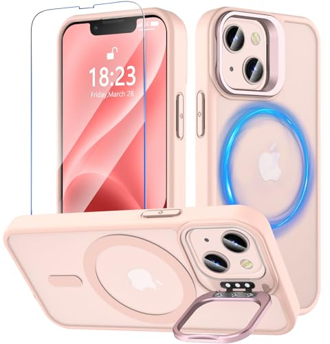 OWKEY Magnetisch für iPhone 13/iPhone 14 Hülle Mit Ständer,Kompatibel mit MagSafe,Schutzhülle mit Schutzfolie,Militär Fallschutz Stoßfest Handyhülle,Durchscheinend Matt Rosa