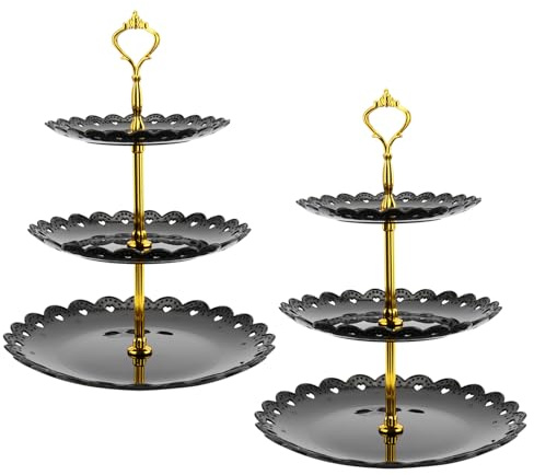 KOHAND 2 Pack 3 Tier Cupcake Stand, Black Plastic Cupcake Stand Holders Round Serving Platter, Cake Display Stand Cake Dessert Fruit Display Tower for Party, Wedding, Birthday