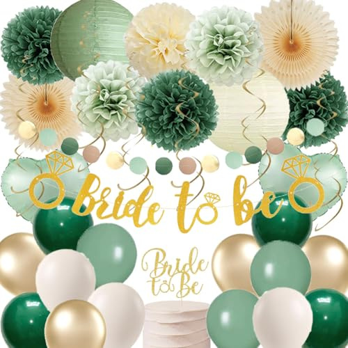 JGA Deko Grün Frauen Bride to Be Luftballons Deko JGA Frauen Junggesellenabschied Bride to Be Salbeigrün Retro Bridal Shower Party Salbei Olivgrün Beige Pompons mit Bride to Be Tortendeko