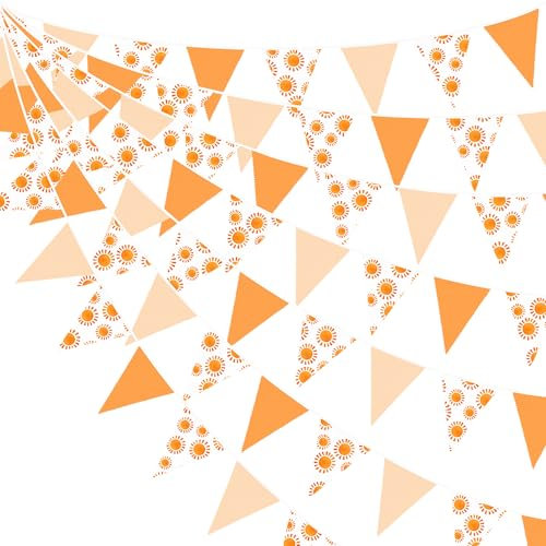 32Ft Boho Sunshine Bunting Banner Party Decorations Orange Sun Print Fabric Triangle Flag Pennant Garland Streamers for First Trip Around The Sun Groovy Retro Hippie Boho Birthday Baby Shower Decor