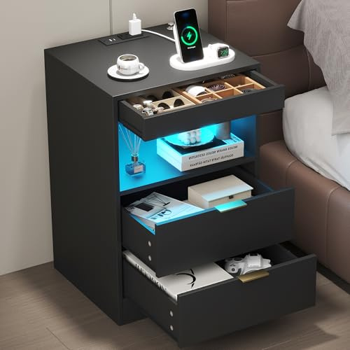 Yusong LED Nightstand Bedside Table with Charging Station 2 Drawers, Black Modern Sofa Couch End Side Table with Lights, Invisible Lock and Pull-Out Shelf for Bedroom Living Room