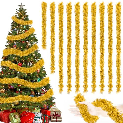 20M/Pack of 10 Lametta Weihnachtsbaum, Lametta Golden Girlande Weihnachten, Weihnachtsbaum Deko, Weihnachtsdeko Girlande, Lametta Girlande für Vorhänge, Zimmer, Party Weihnachtsfeierdekoration