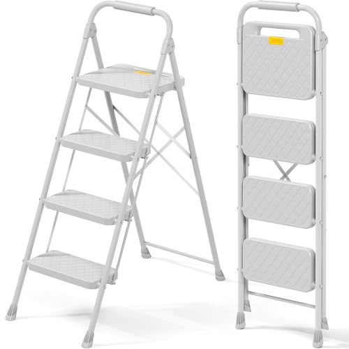 KINGRACK Trittleiter 4 Stufen Klappbar, Leiter mit Sicherheitsschloss | Haushaltsleiter Klapptritt mit Anti-Rutsch-Pedal, Bequemer Handlauf, Tragbarer Tritthocker für Küche Büro Terrasse, Grau