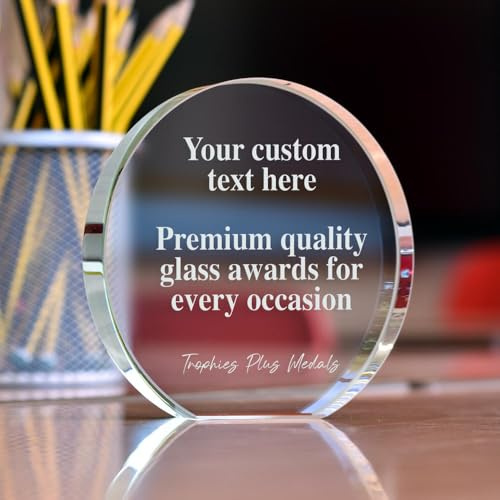 TROPHIESPLUSMEDALS Circular Crystal Trophy, 12x12x1.5cm, Engraving | Elegant circular crystal trophy with free engraving on the glass, ideal for corporate, academic and sports awards.