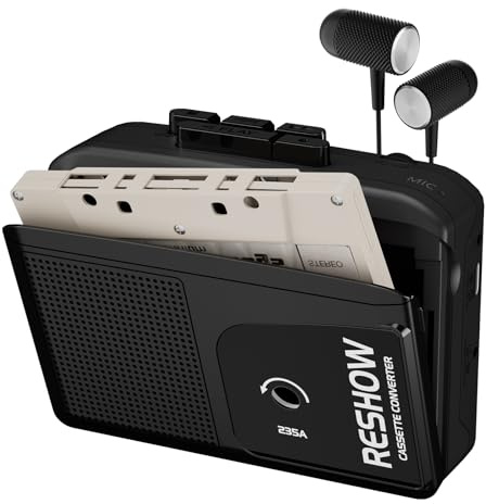 Reshow Portable Cassette Player Built-in Microphone & Speaker, USB Cassette to MP3 Converter, Reverse Recording on Tape, White Cassette Recorder with Headphones