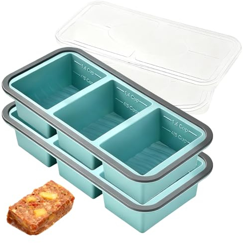 GOMETY Lot de 2 Plateau de Congélation en Silicone, 4 Grilles Plateau de Congelation pour Soupe avec Couvercle, Grands Moules de Congélation en Silicone pour Soupe, Bouillon, Sauce et Glaçons(Bleu)