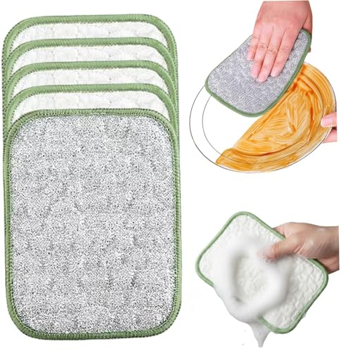 SMELEYOU Geschirrspüllappen aus Draht – Wiederverwendbare doppellagige Reinigungstücher, 5 Stück (Baumwollgarn 16 x 11, 9 x 1 cm), kratzfestes Geschirrtuch aus Draht für Küche und Haushalt, Grün
