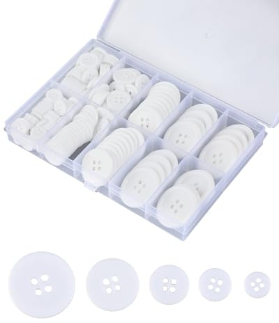Botones Blancos de Resina 160 Piezas (10-25 mm), 4 Agujeros con Caja | Set de 160 botones blancos de resina con 4 agujeros (10, 12.5, 15, 20, 25 mm). Resistentes al lavado, incluye organizador.