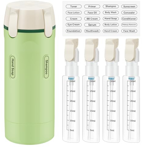 4 in 1 Travel Dispenser, 4pcs 30ml Refillable Travel Bottles for Toiletries | Leakproof Portable Container with Scale & Label for Shampoo Conditioner Lotion Cream Business Flights Trips Gym Camping