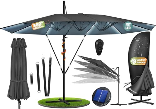 KESSER® Sonnenschirm Doppelsonnenschirm mit LED 4,6m x 2,7m | Ampelschirm Abdeckung| Kurbelschirm Aluminium wasserabweisend Neigbar Kippbar 360° Drehbar Anthrazit
