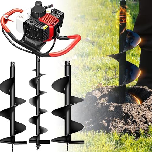 SHENGSHIYU Mototrivella a Scoppio 199cc,4 Tempi Trivella a Scoppio per Terra,Sabbia,Ghiaia,Ghiaccio,Punta in Acciaio al Manganese,Cilindro Potenziato,Serbatoio 1200ml,3 Diametro Punta 10cm/12cm/15cm