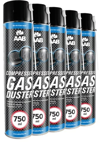AAB Reinigungsspray 5 x 750ml, Druckluft aus der Dose, Reinigung von Multimedia- und Bürogeräte, Tastatur, Keyboard, Bildschirmen, Computergehäuse, Air Duster, Luft-druck, Reiniger, Pressluft