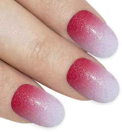 Falsche Nägel Bling Art Rot Gel Ombre Oval 24 Kunstnägel Mittel Tipps mit Kleber
