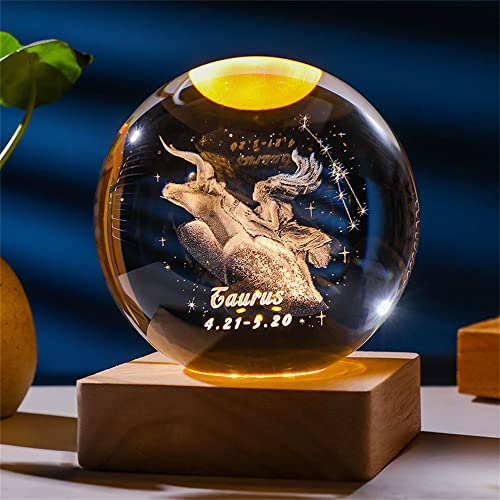 qianyue Laser Gravierte Sternzeichen Kristallkugel Miniatur 3D Kristall Handwerk Dekoration Glas Kugel Dekoration Zubehör Geschenk (80mm, Stier)