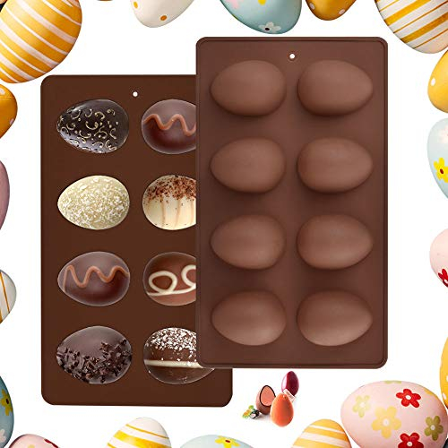 EMAGEREN 2 PCS Moldes de Huevos de Pascua Moldes de Silicona para Huevos con 8 Cavidades Moldes de Huevos de Chocolate de Pascua Molde para Pascua DIY Hornear Pasteles Cubitos de Hielo Jabón- Marrón