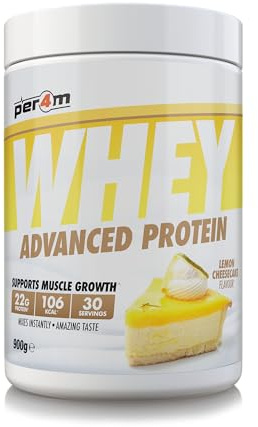 Per4m Whey Protein, Molkenprotein mit vollem Aminosäureprofil, unterstützt Muskelaufbau & Regeneration, reich an essentiellen Aminosäuren, für Sportler nach dem Training – Zitronen-Käsekuchen – 900g