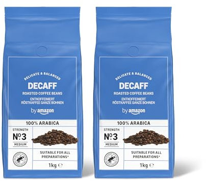 by Amazon decaffeinato in chicchi, tostatura chiara, 2kg, 2 Confezioni da 1kg - Certificato Rainforest Alliance, Caffè in grani