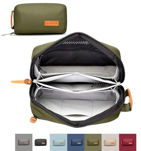 Tech Bag Organizer - Small Electronics Organizer Bag for Travel - Premium Travel Bag with Leather Accents - Mesh Pocket for Cables, Cables and Chargers, Green, S, Modern Travel with Leather Accents