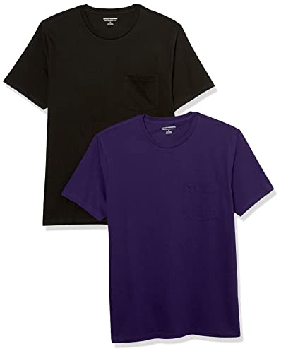 Amazon Essentials Men's T-Shirt Slim-Fit Short-Sleeved Crewneck Pocket, Pack of 2, Black/Dark Purple, XXL