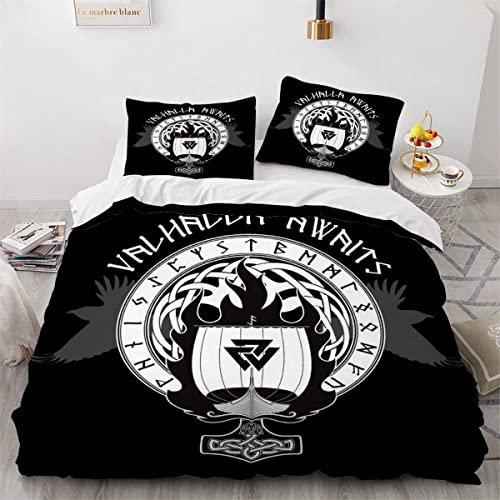 AOYNP Bettwäsche 155x220 Vikings Bettbezug Set 3 teilig Weich Microfaser Bettwäsche-Set Viking Nordische Runen Kinderbettwäsche Bettwaren Mit ReißVerschluss Bettbezug Mit 2 Kissenbezug 80x80cm