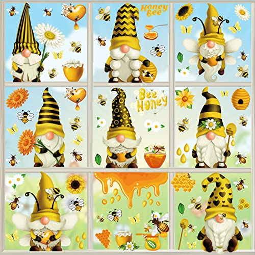 YICHEN Fensterbilder Sonnenblume Biene Gnom Fenster Aufkleber, Sommer Frühling Fenstersticker, 9 Blätter 91 Pcs Fenstersticker PVC Aufkleber, Geburtstag Partys Schlafzimmer Kindergarten Wohnzimmer