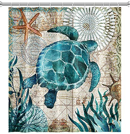 SDOTPMT 140x183cm Meer Schildkröte Duschvorhang Seestern Seetang Ozean Nautisch Badevorhang Unterwasser Welt Marine Tier Badewannenvorhang für Kinder Badezimmer Polyester Wasserdicht mit Haken