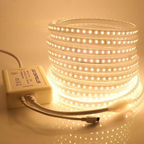 Wisada 220V Tiras LED con regulador de intensidad,SMD 2835 120LEDs/m, IP67 Impermeable, Escalera de Techo Tira de LED Cocina Cable Luces Flexible LED Strip Light Decoración (6m, Blanco cálido)
