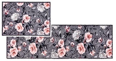Astra Flauschige Sauberlaufmatte - Pure & Soft - Blumen grau-rosa 2er Set 50x70 & 50x150 cm - Waschbarer Küchenteppich innen - Türmatte strapazierfähig