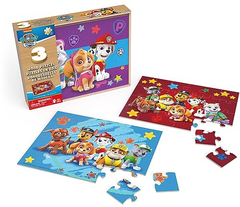 Spin Master Games PAW Patrol, 3 Wood Puzzle Bundle 24-Piece Kids’ Puzzles with Portable Wooden Storage Box Chase, Marshall, Skye, Rubble, for Preschoolers Aged 4 and up