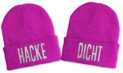tshirtladen Hacke & Dicht Duo Wintermütze Beanie mit Stick - Lustige Partnermütze für Damen & Herren - Statement Strickmütze im 2er Set mit Spruch, Farbe: Pink