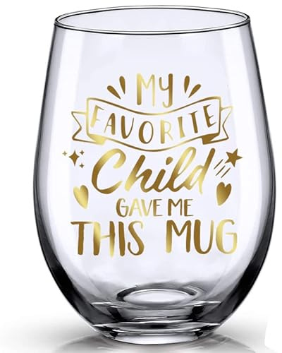 JUWNMANT Gifts for Mum and Dad - stemless Wine Glass, My Favorite Child Gave Me This Mug，Mother's Day and Father's Day Gifts from Daughters and Sons to Mums and Dads (Golden)