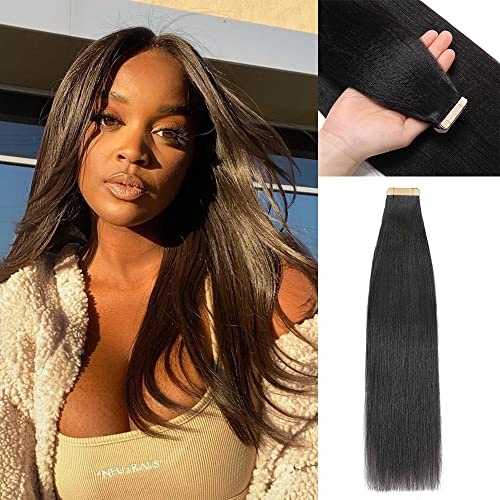 YDDM 16 Zoll Tape Extensions Echthaar 40 Stück 80g Schwarze Frauen Yaki Straight TapeIn HaarverläNgerung Echthaar Tapes Unsichtbare Extensions Echthaar Tape Extensions Echthaar