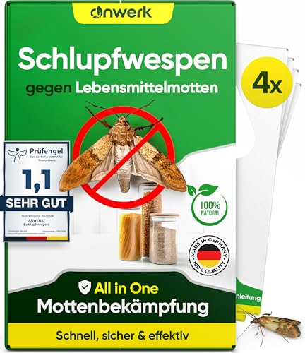 anwerk® Schlupfwespen gegen Lebensmittelmotten - 4 Karten (1 Karte à 4 Lieferungen) - Effektiv Lebensmittel Motten bekämpfen - Alternative zur Mottenfalle, Mottenspray, Pheromonfalle