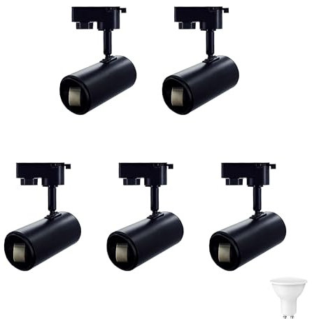 OneUan - Portalámpara carril en monofásico,Lámpara LED para Bombillas GU10,Giratoria y Orientable,Esta incluido bombillas,Perfecta para decorar Casa. (5 uds, Portalámpara carril Negra cálidad 3000K)