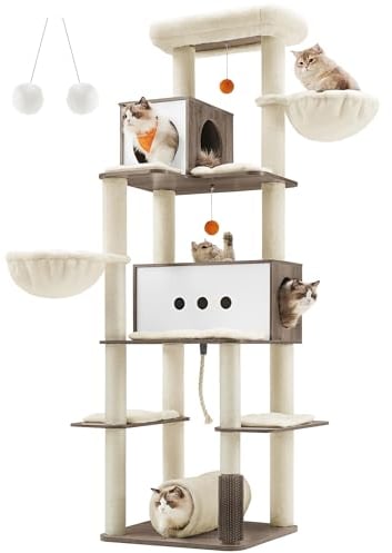 Feandrea Arbre à Chat, Tour de Jeux Moderne de 197 cm, Multi-Niveaux, avec 2 Niches, 2 Paniers, 4 Griffoirs, Toiletteur, Tunnel, Plate-Forme, pour Chats d’Intérieur, Grège Chiné PCT193G01