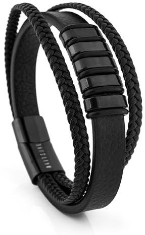 Akitsune Fabula Lederarmband | Armschmuck Frauen Herren Edelstahl Männer Armband - Schwarz - Schwarz 21cm