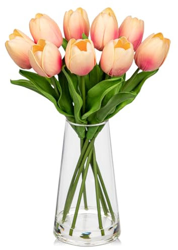 Hollyone 9 Stück Künstliche Tulpen Blumen in Glasvase mit Faux Wasser, 36cm Gefälschte Tulpe Wie Echt, Real Touch Hellrosa Tulip Frühling Blumen für Tischdeko Haus Hochzeit Dekoration