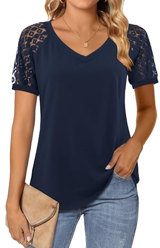 Beluring Womens Tops Casual V Neck T Shirt Elegant Lace Sleeve Blouse, Navy Blue Size 12-14