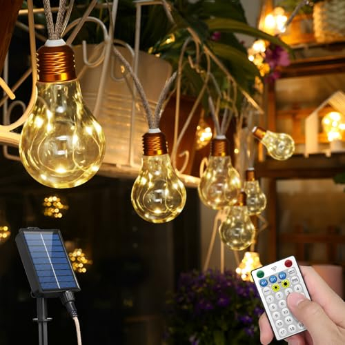 Solar Lichterkette Aussen mit 24 Glühbirnen,10M solarlichterkette außen wetterfest 19 Modi solar lichterkette outdoor Vintage Hanfseil lichterkette außen für Garten,Party,Hochzeit (Elliptische)